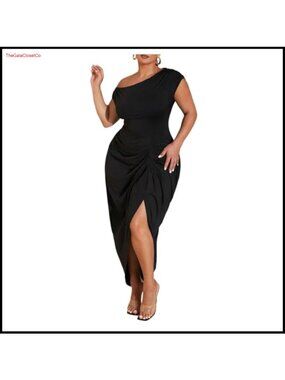 Plus Size Asymmetrical Neck Ruched Slit Hem Cocktail Dress
